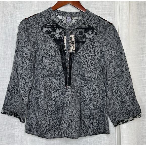Free People Sz 10 3/4 Sleeve Blouse Black Gray Leopard Print Lace Button Front - Picture 1 of 6